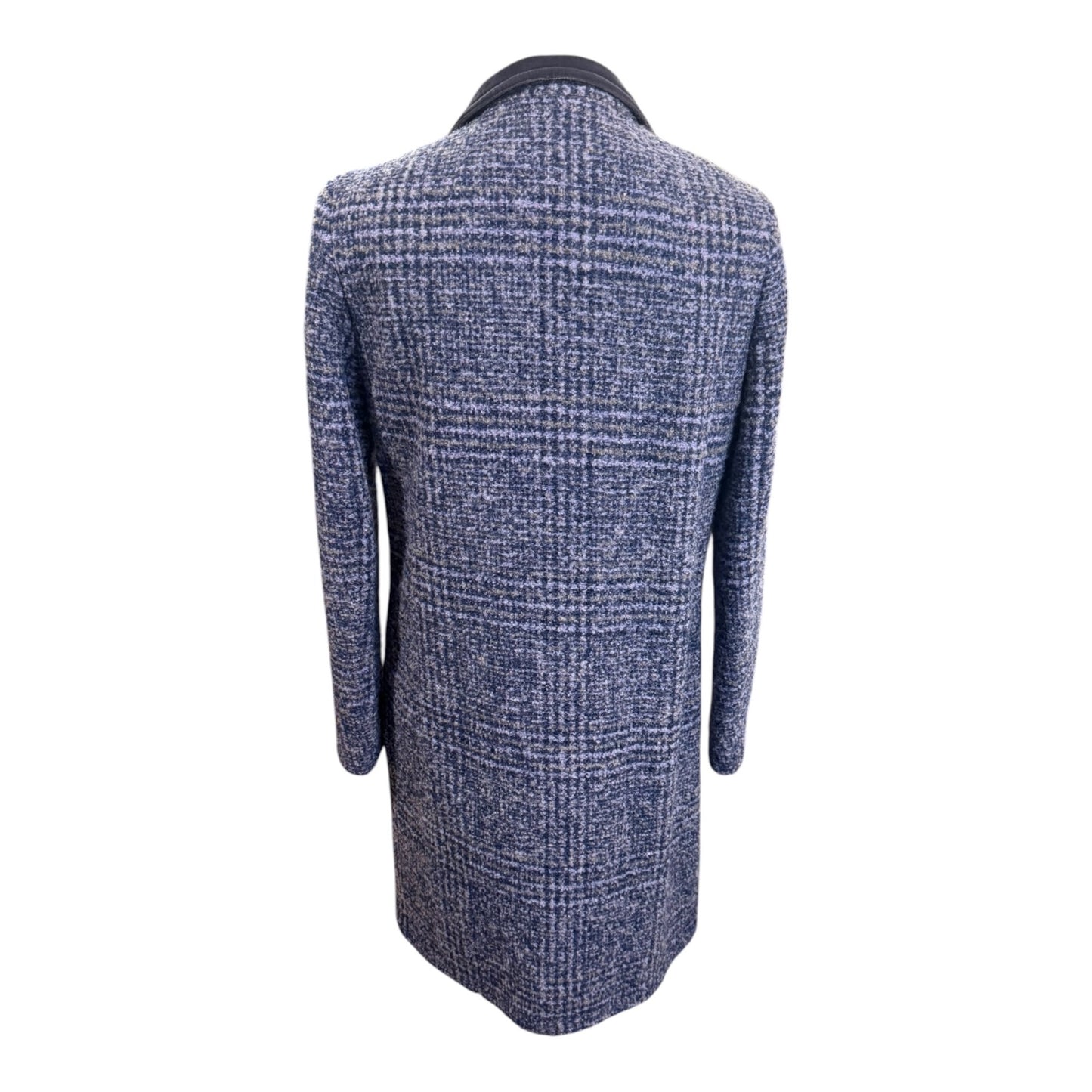 Etro Blue Plaid Wool Blend Coat With Velvet Collar Leather Top Button size 44