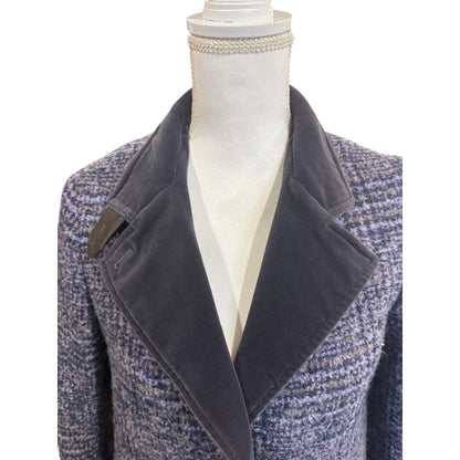 Etro Blue Plaid Wool Blend Coat With Velvet Collar Leather Top Button size 44