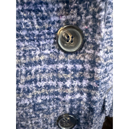Etro Blue Plaid Wool Blend Coat With Velvet Collar Leather Top Button size 44