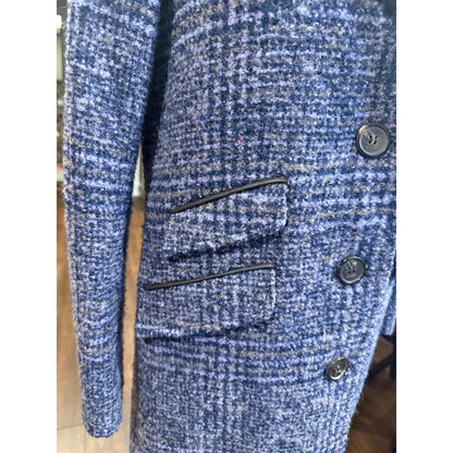 Etro Blue Plaid Wool Blend Coat With Velvet Collar Leather Top Button size 44