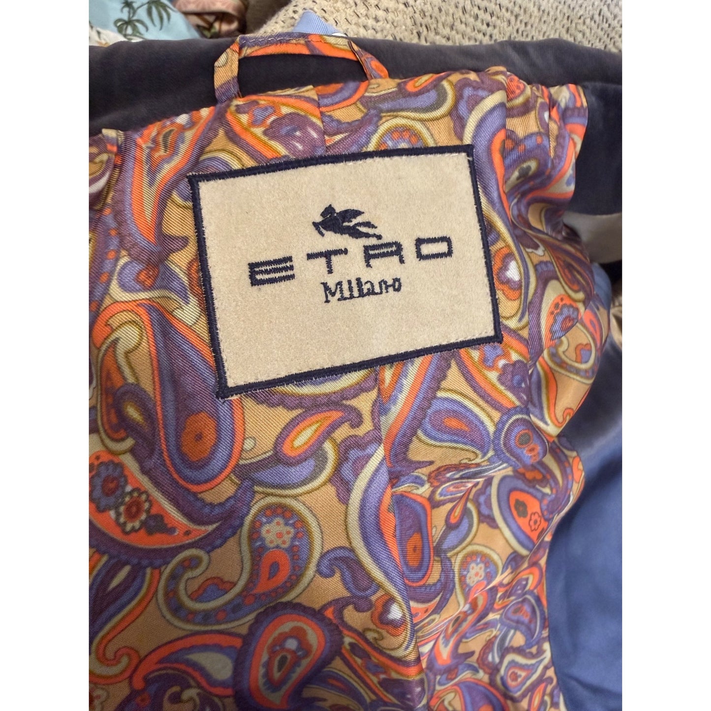 Etro Blue Plaid Wool Blend Coat With Velvet Collar Leather Top Button size 44