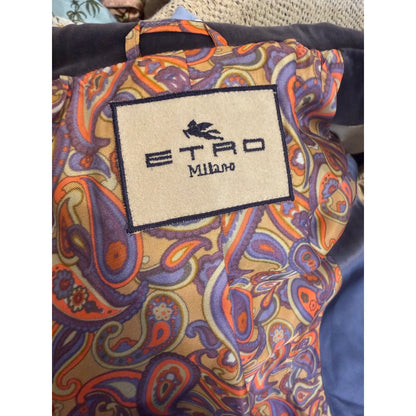 Etro Blue Plaid Wool Blend Coat With Velvet Collar Leather Top Button size 44