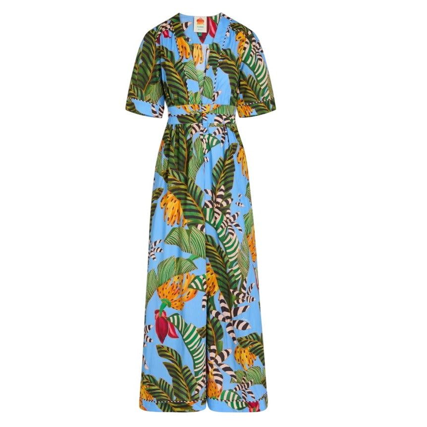 Farm Rio Striped Bananas Blue Jumpsuit, L NWT