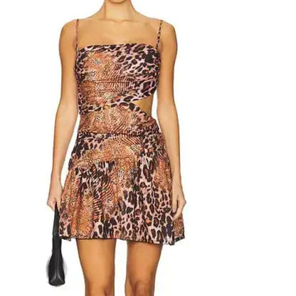 agua bendita  x cade mini dress in brown - wild leopard, Large NWT
