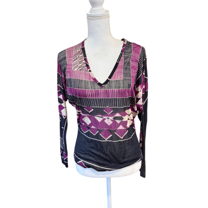 Jean Paul Gautier Womens V-Neck Long-Sleeve Top Geometric Print Purple/Black Size S