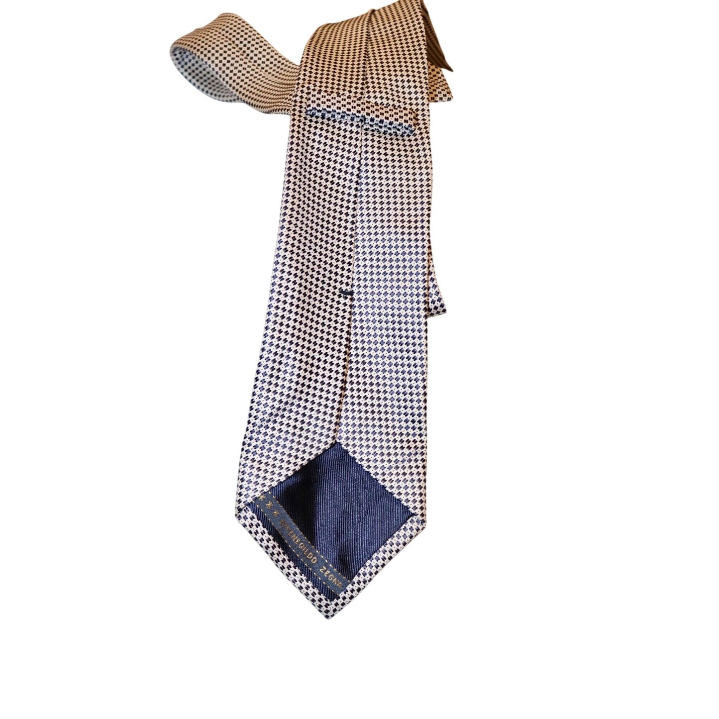 Ermenegildo Zegna 100% Silk Tie White & Navy Geometric Pattern Made In Italy