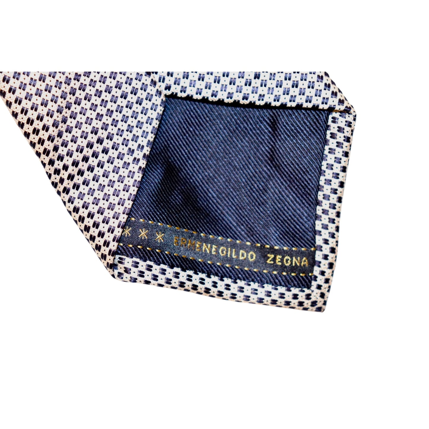 Ermenegildo Zegna 100% Silk Tie White & Navy Geometric Pattern Made In Italy