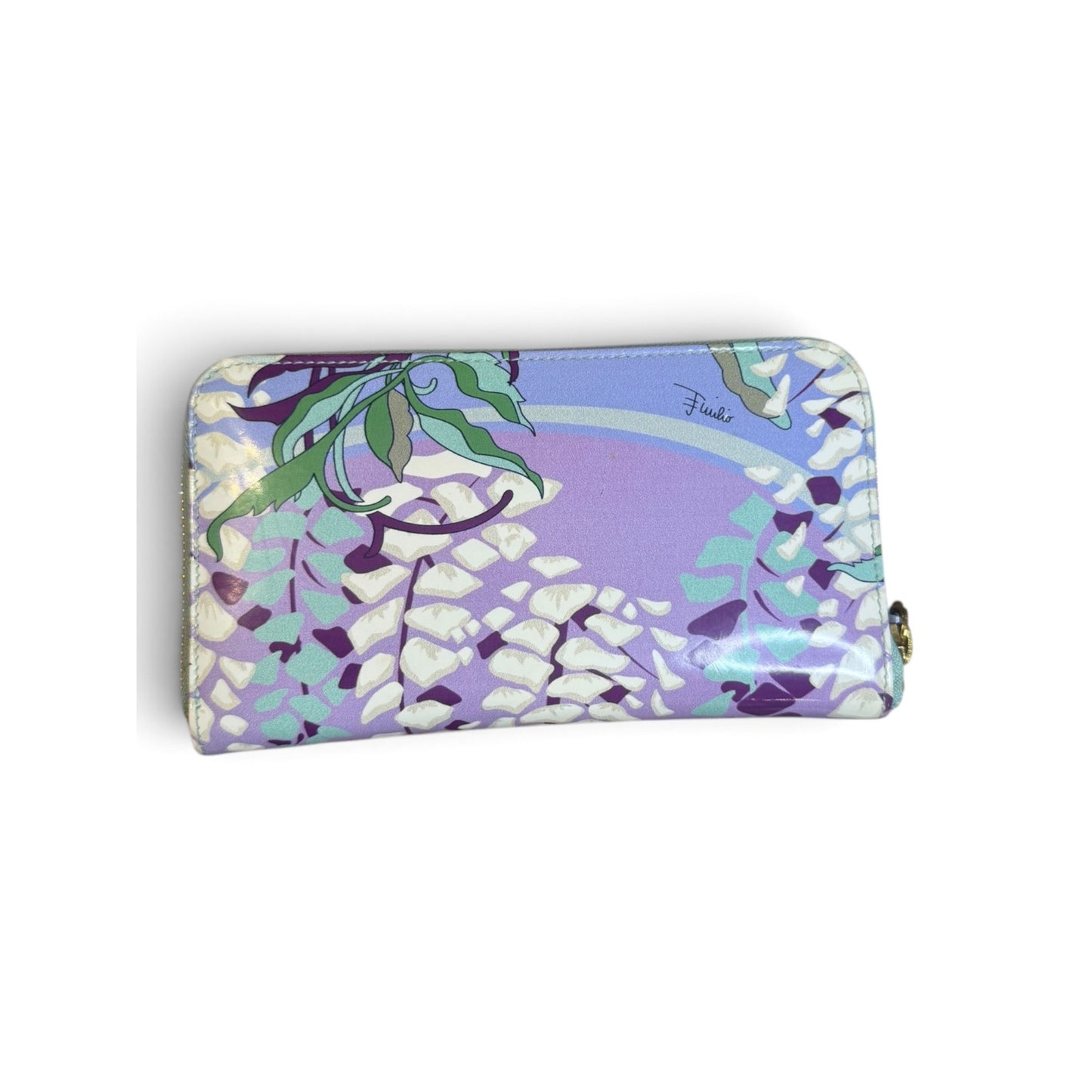 Emilio Pucci Floral Zip-Around Wallet With Gold Hardware & Mint Interior