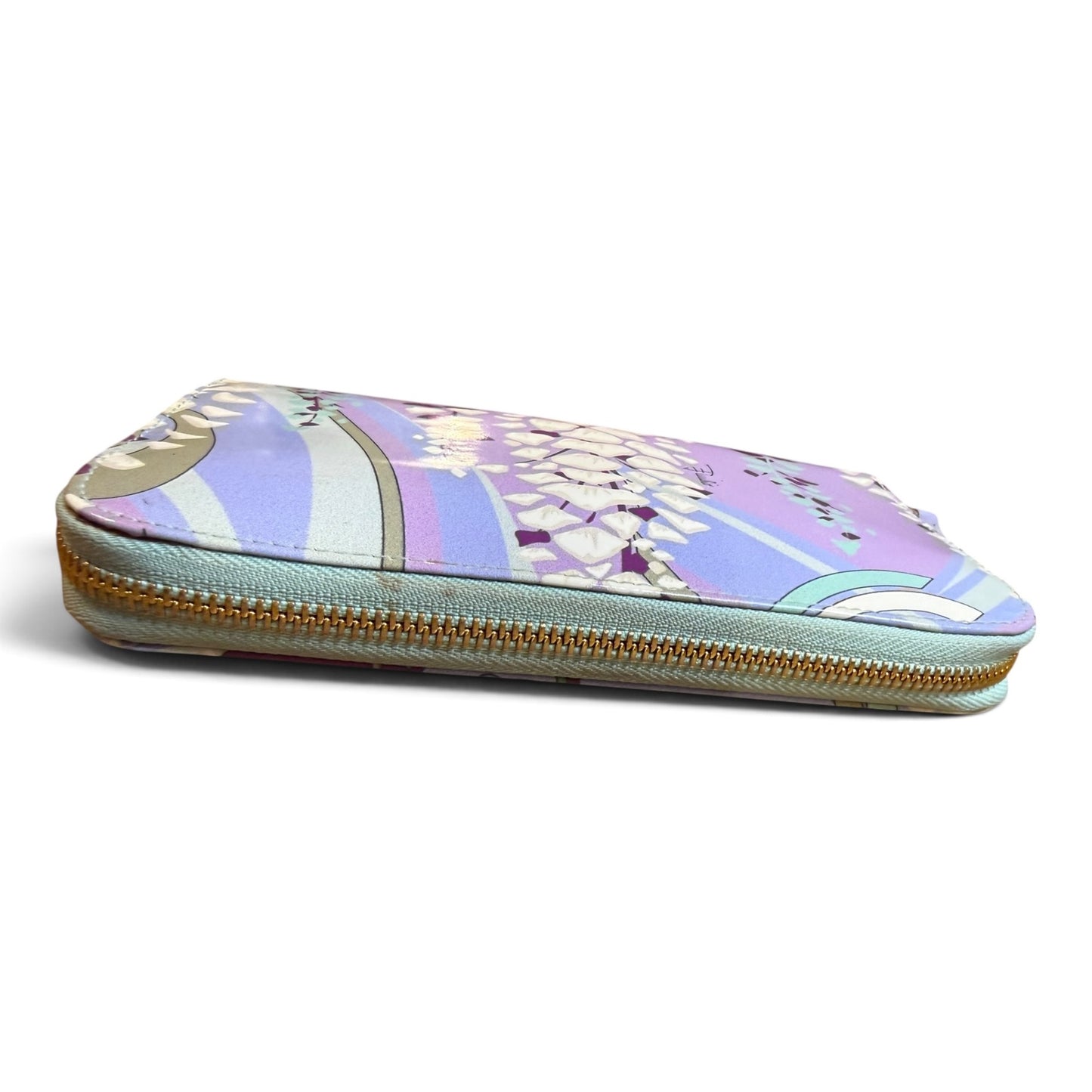 Emilio Pucci Floral Zip-Around Wallet With Gold Hardware & Mint Interior