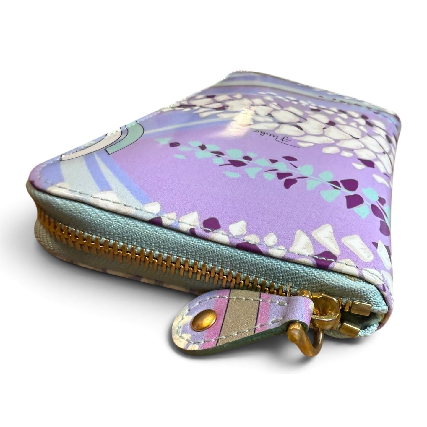 Emilio Pucci Floral Zip-Around Wallet With Gold Hardware & Mint Interior