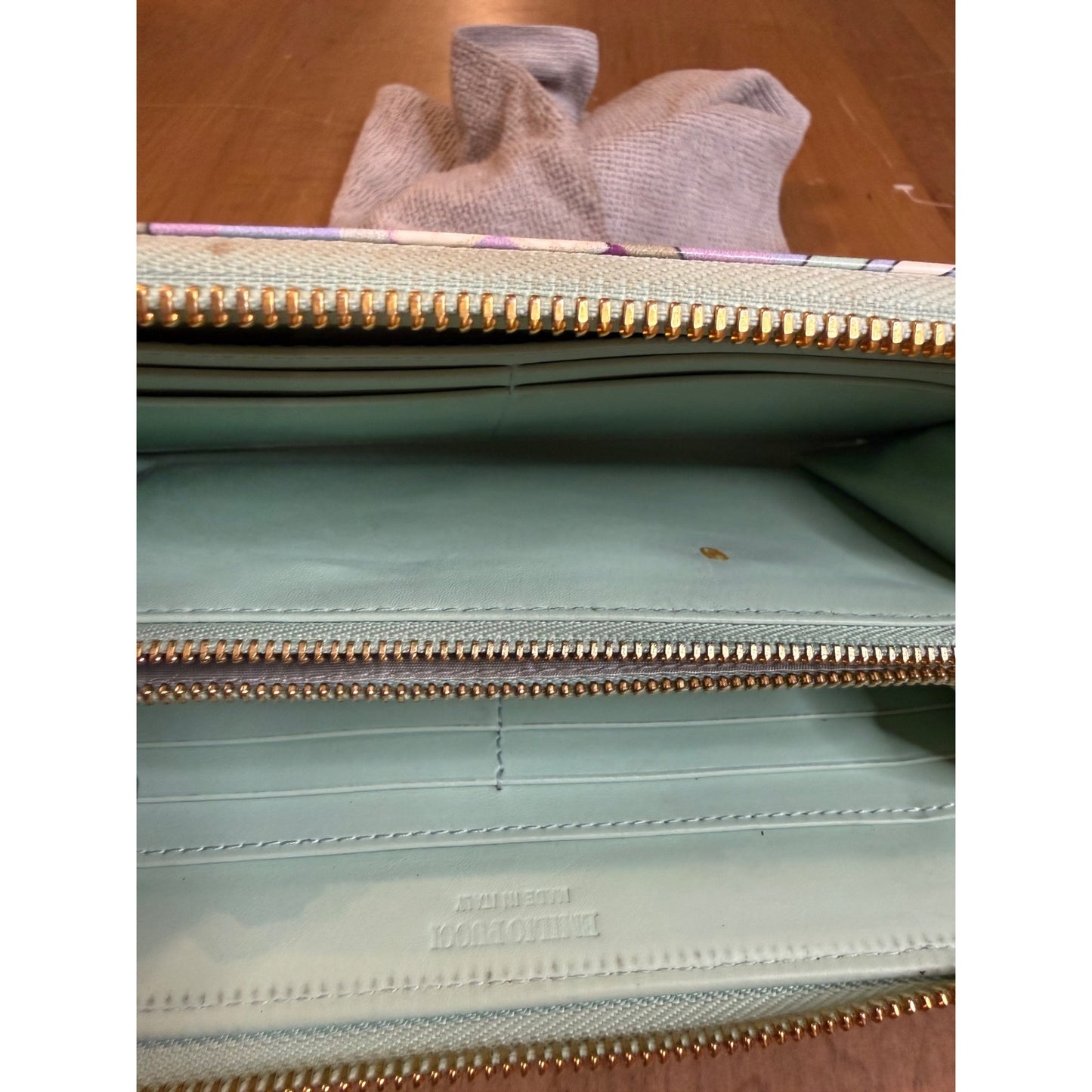 Emilio Pucci Floral Zip-Around Wallet With Gold Hardware & Mint Interior