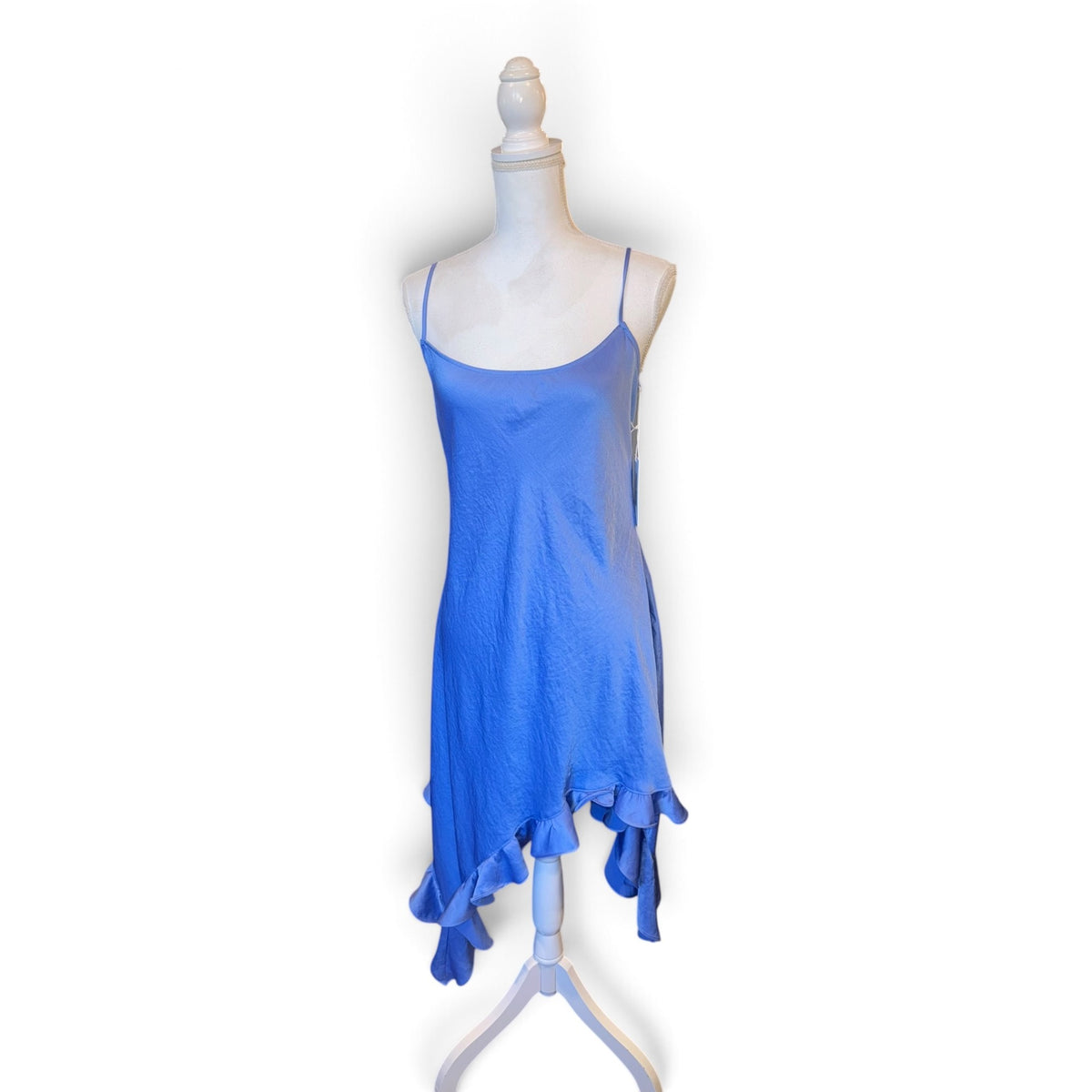 Reformation Kylen Blue Asymmetrical Ruffle Hem Slip Dress Womens Size L