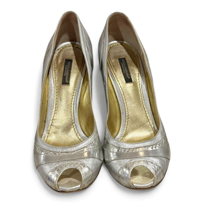 Dolce & Gabbana Metallic Silver Leather Peep-Toe Pumps Size 39/8