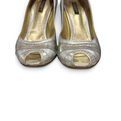 Dolce & Gabbana Metallic Silver Leather Peep-Toe Pumps Size 39/8