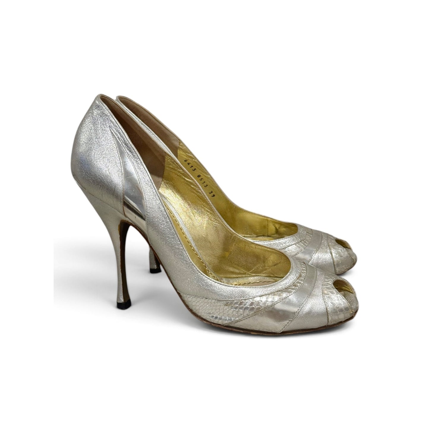 Dolce & Gabbana Metallic Silver Leather Peep-Toe Pumps Size 39/8