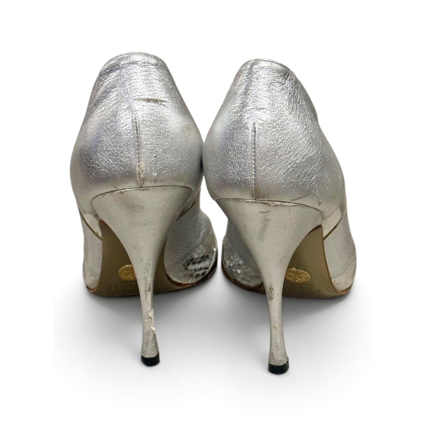 Dolce & Gabbana Metallic Silver Leather Peep-Toe Pumps Size 39/8