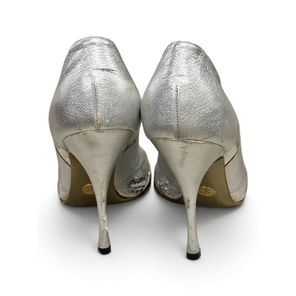 Dolce & Gabbana Metallic Silver Leather Peep-Toe Pumps Size 39/8