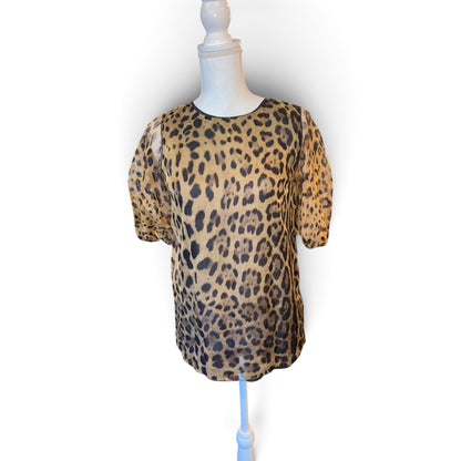 Dolce & Gabbana Leopard Print 100% Silk Sheer Puff Sleeve Blouse Womens Size 36