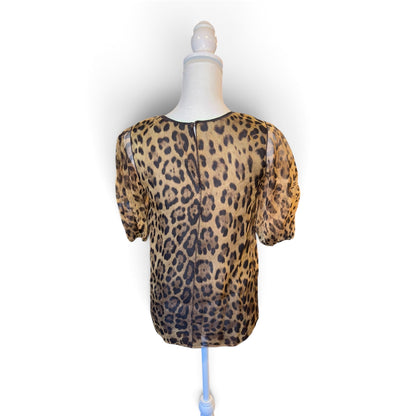 Dolce & Gabbana Leopard Print 100% Silk Sheer Puff Sleeve Blouse Womens Size 36