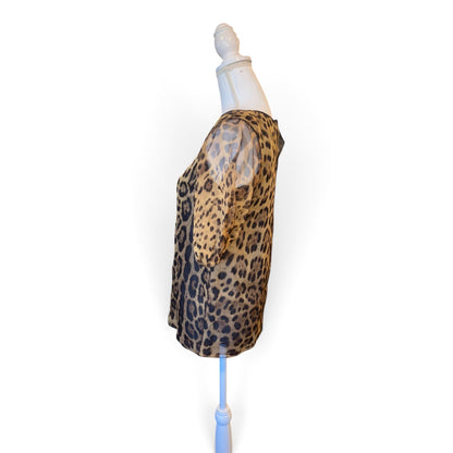 Dolce & Gabbana Leopard Print 100% Silk Sheer Puff Sleeve Blouse Womens Size 36