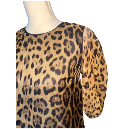 Dolce & Gabbana Leopard Print 100% Silk Sheer Puff Sleeve Blouse Womens Size 36