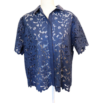 Johnny Was Kitt Lace Button Down Shirt in Navy Peony, XL NWT NO CAMI