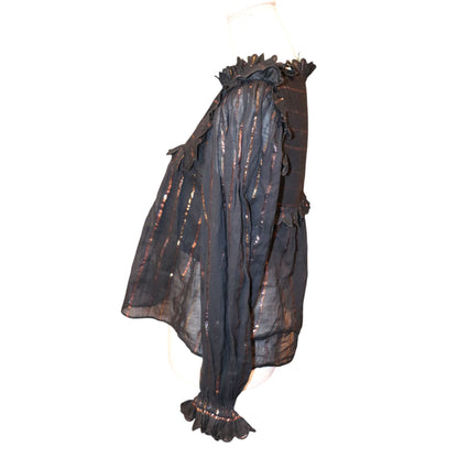 Farm Rio Black Sheer Blouse With Ruffle Trim & Metallic Stripes, Small