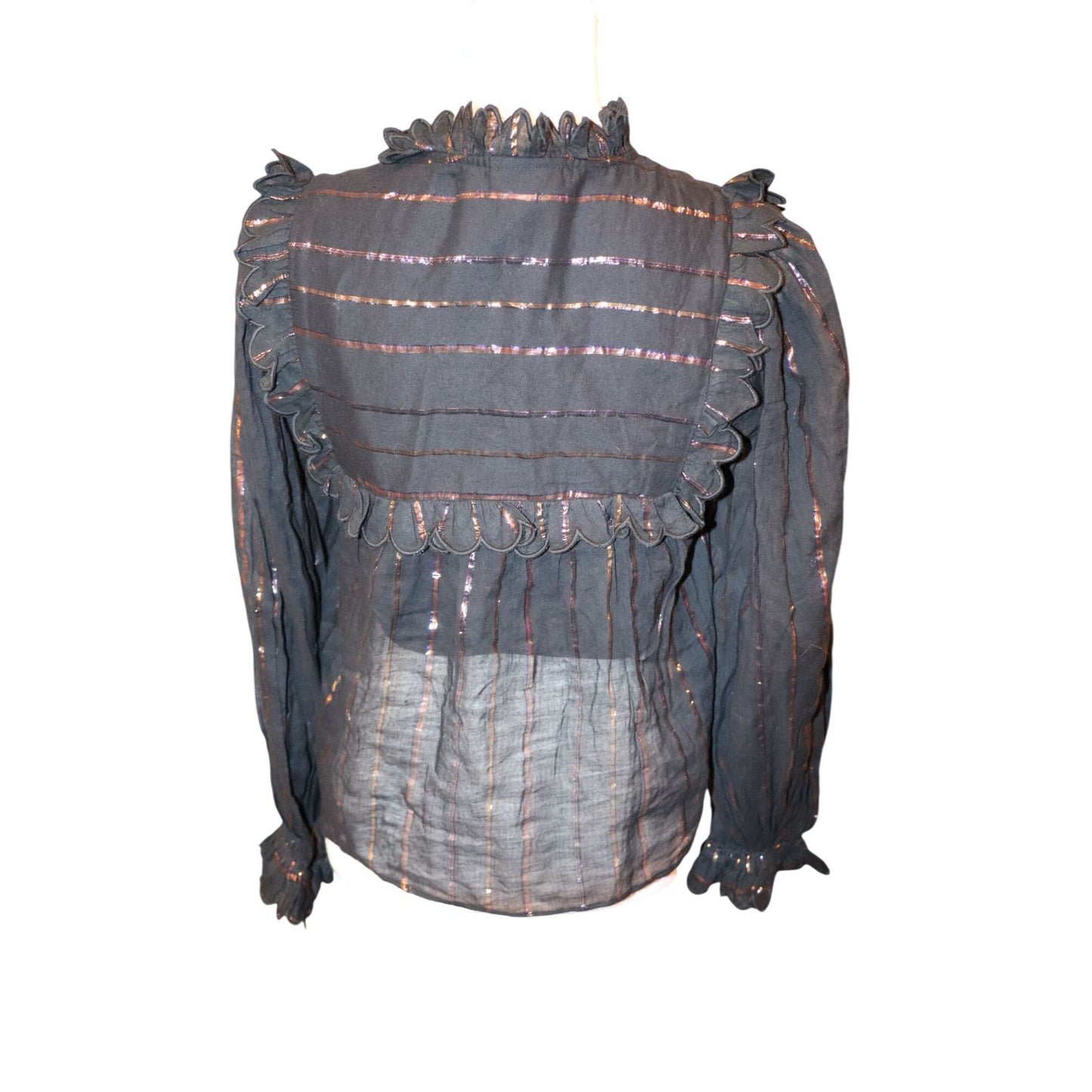 Farm Rio Black Sheer Blouse With Ruffle Trim & Metallic Stripes, Small