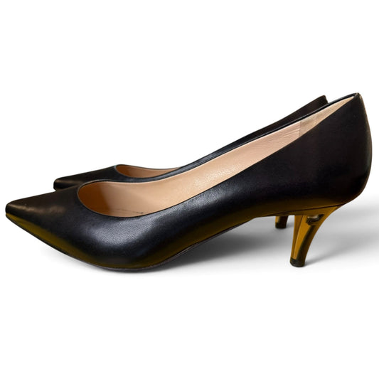 Fendi Black Leather Pointed Toe Heels With Gold Accents, Size 38.5/US 8