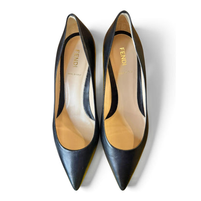 Fendi Black Leather Pointed Toe Heels With Gold Accents, Size 38.5/US 8