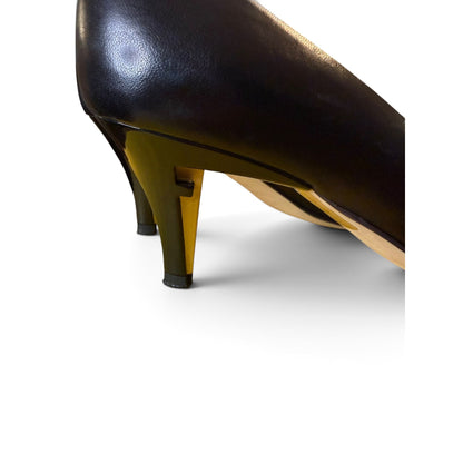 Fendi Black Leather Pointed Toe Heels With Gold Accents, Size 38.5/US 8