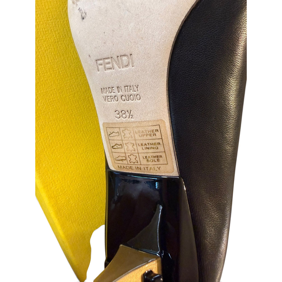 Fendi Black Leather Pointed Toe Heels With Gold Accents, Size 38.5/US 8