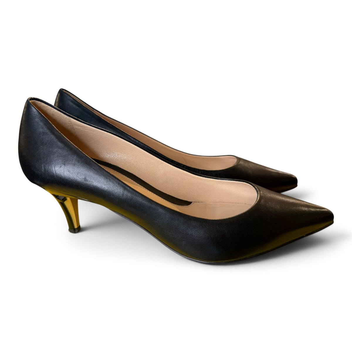 Fendi Black Leather Pointed Toe Heels With Gold Accents, Size 38.5/US 8