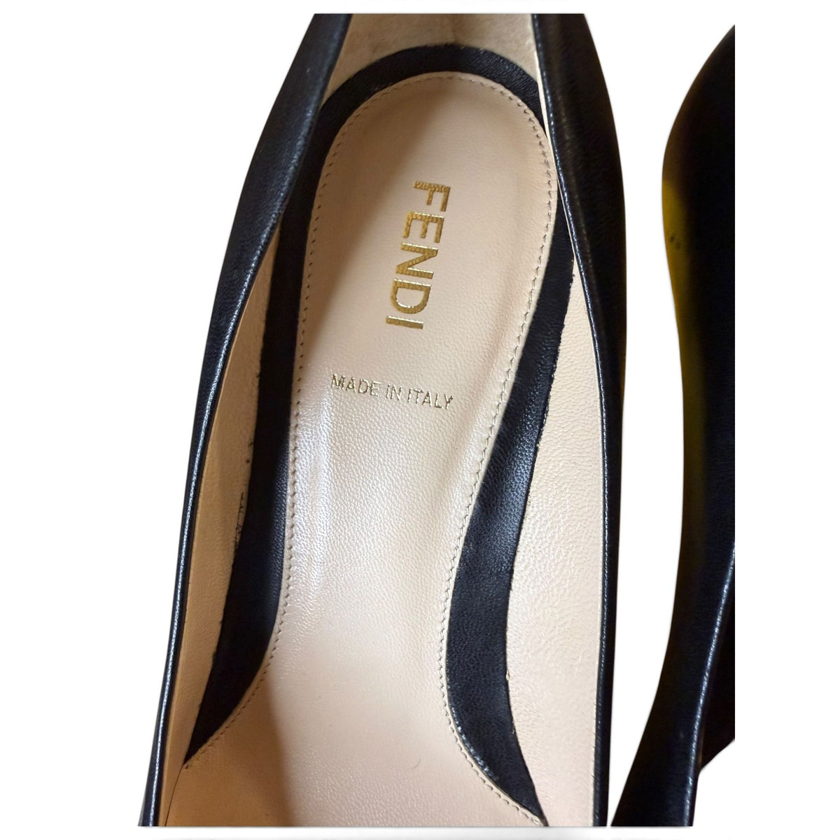 Fendi Black Leather Pointed Toe Heels With Gold Accents, Size 38.5/US 8