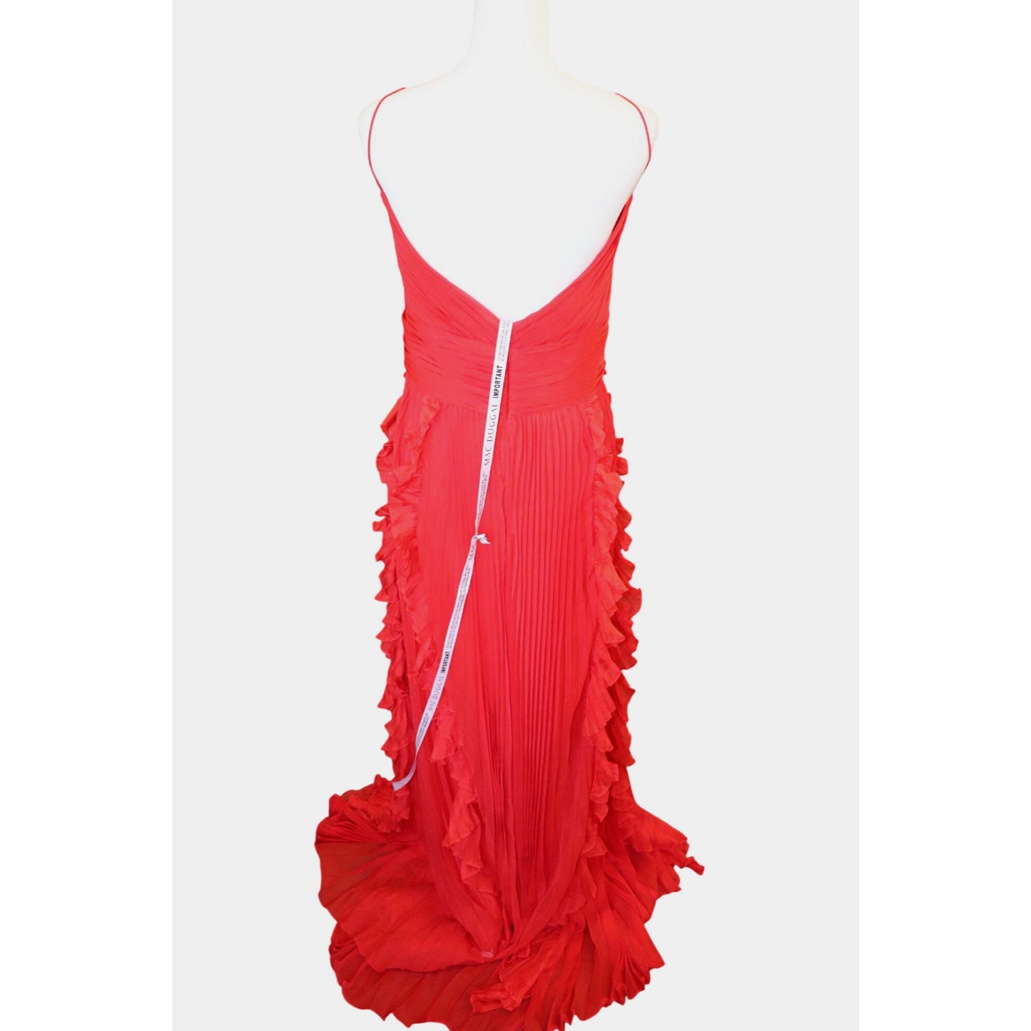 Mac Duggal Red Pleated Chiffon Gown With Ruffle Details & Spaghetti Straps, NWT 16