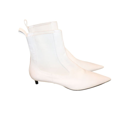 Jil Sander Pointed Toe White Leather Kitten Heel Ankle Boots, Size 40/10 New