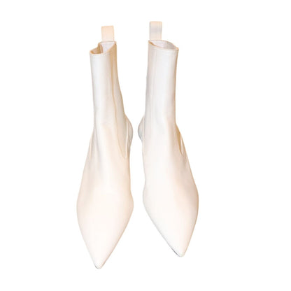 Jil Sander Pointed Toe White Leather Kitten Heel Ankle Boots, Size 40/10 New