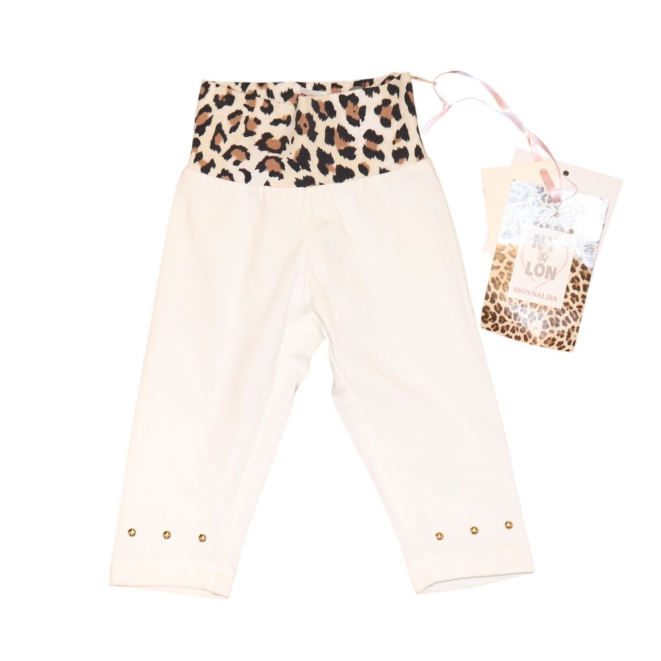 Monnalisa Infant Girls Leopard-Print Waistband White Pants, Size 6M NWT