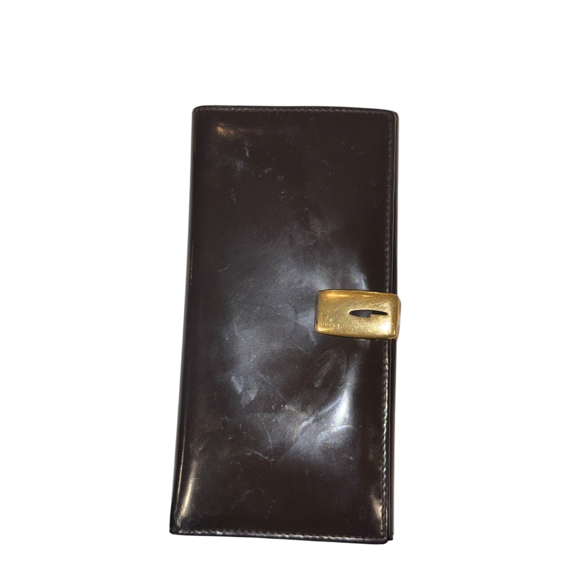 Gucci Brown Patent Leather Long Wallet With Gold-Tone Clasp