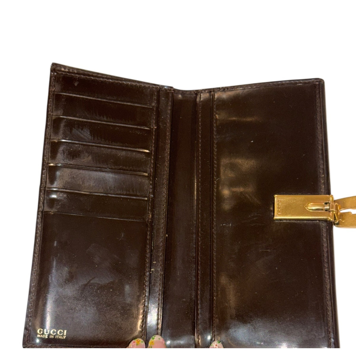 Gucci Brown Patent Leather Long Wallet With Gold-Tone Clasp