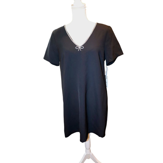 Cece NWT Black Short Sleeve Dress With Rhinestone Trimmed V-Neckline & Bow Accent, Size 12
