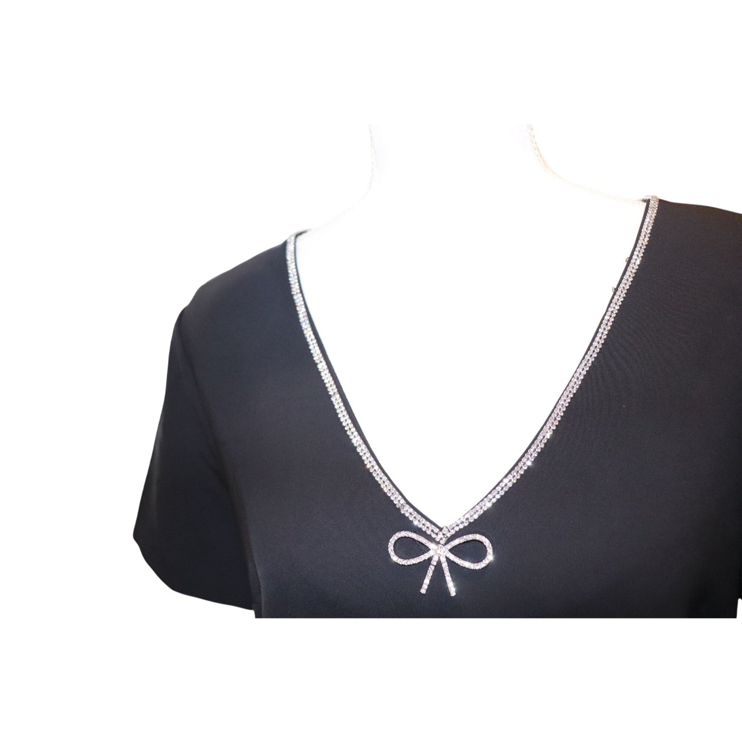 Cece NWT Black Short Sleeve Dress With Rhinestone Trimmed V-Neckline & Bow Accent, Size 12