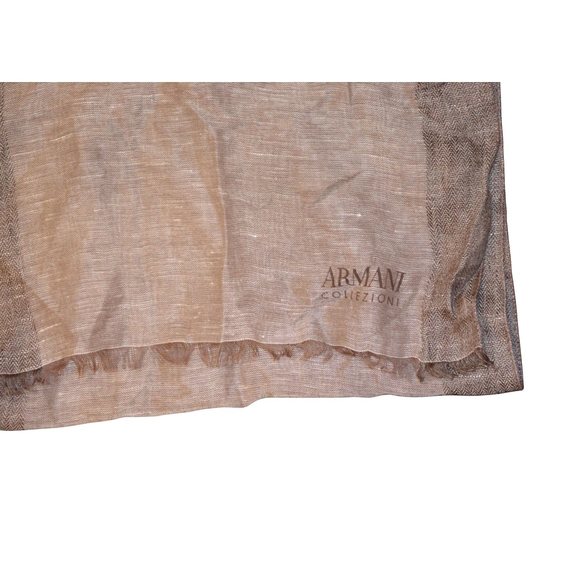 Taylored Finds Indiana Armani Collezioni brown linen and cotton blend scarf with fringe ends and subtle texture.