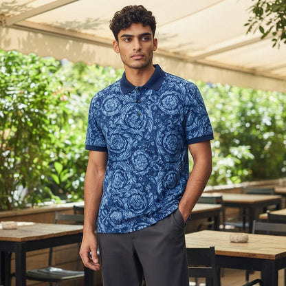 Taylored Finds Indiana blue cotton Barocco print short sleeve polo shirt with spread collar.