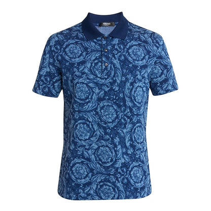 Taylored Finds Indiana blue cotton Barocco print short sleeve polo shirt with spread collar and three-button placket.