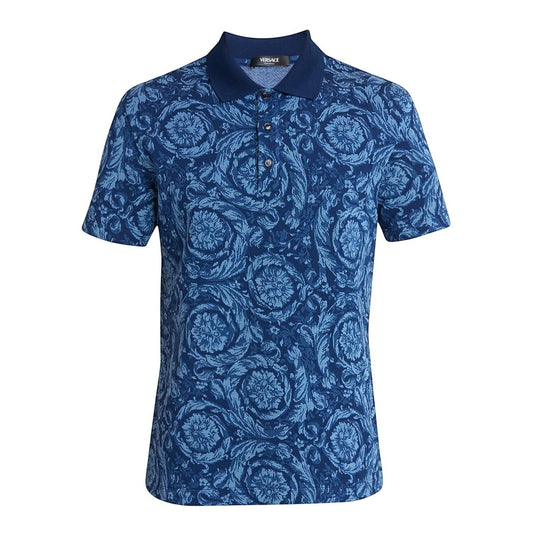 Taylored Finds Indiana blue cotton Barocco print short sleeve polo shirt with spread collar and three-button placket.