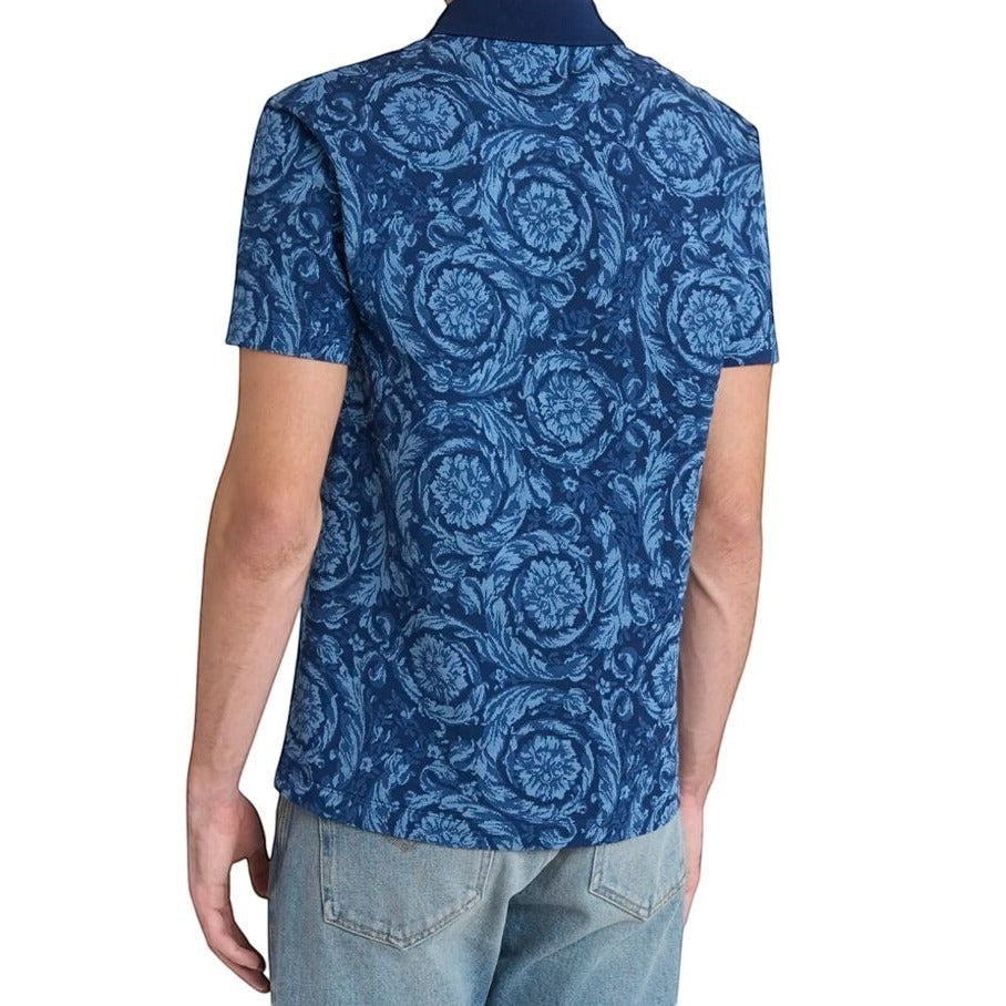Taylored Finds Indiana blue cotton Versace Barocco print short sleeve polo shirt for men, size small.