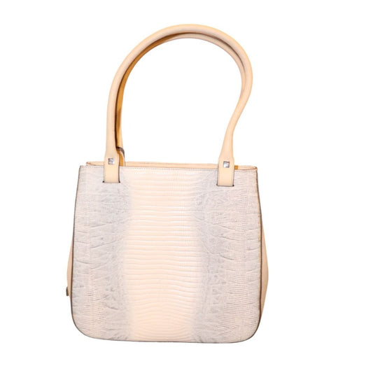 Ferragamo Beige Leather Tote Bag With Embossed Lizard Texture & Dual Handles
