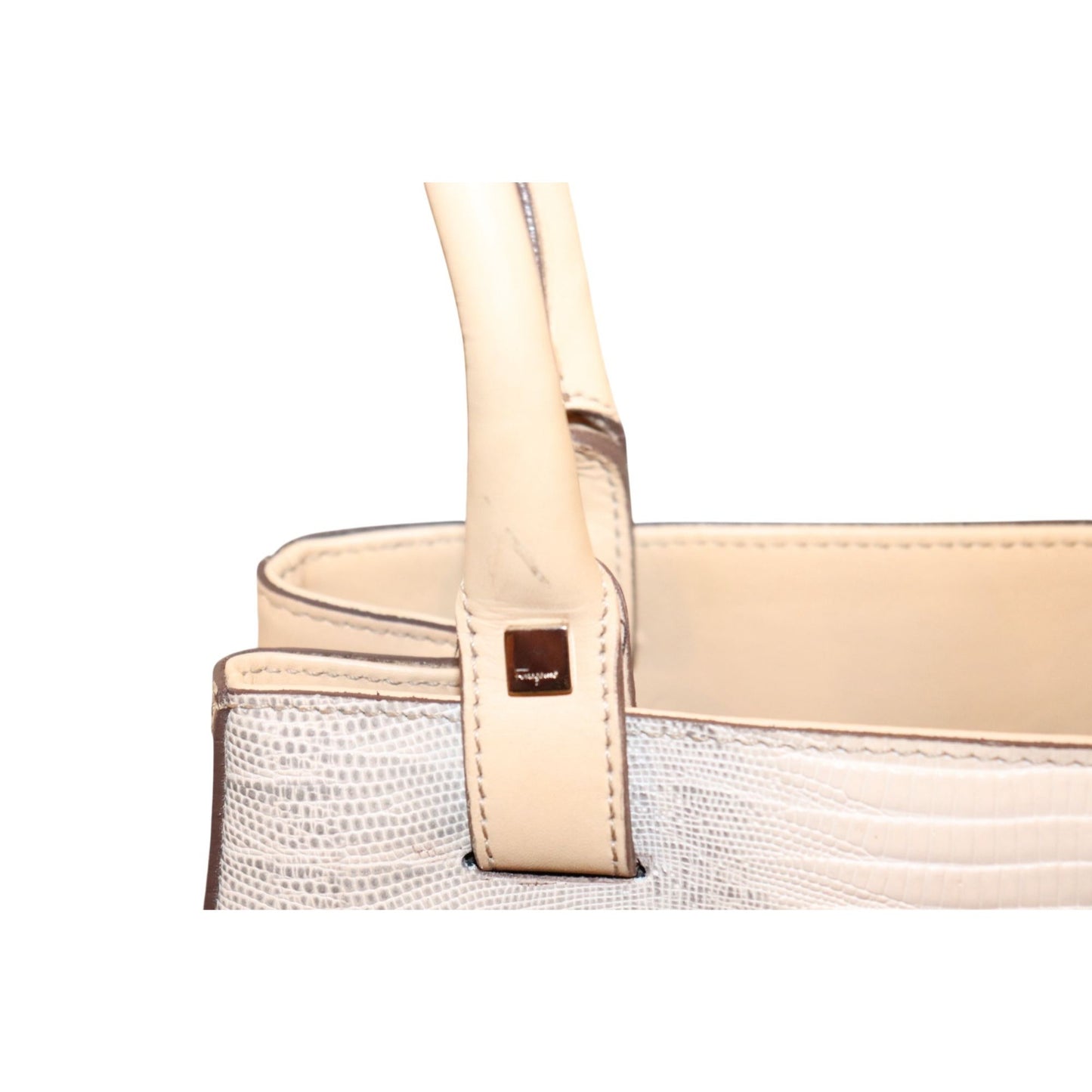 Ferragamo Beige Leather Tote Bag With Embossed Lizard Texture & Dual Handles