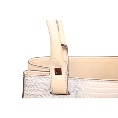 Ferragamo Beige Leather Tote Bag With Embossed Lizard Texture & Dual Handles